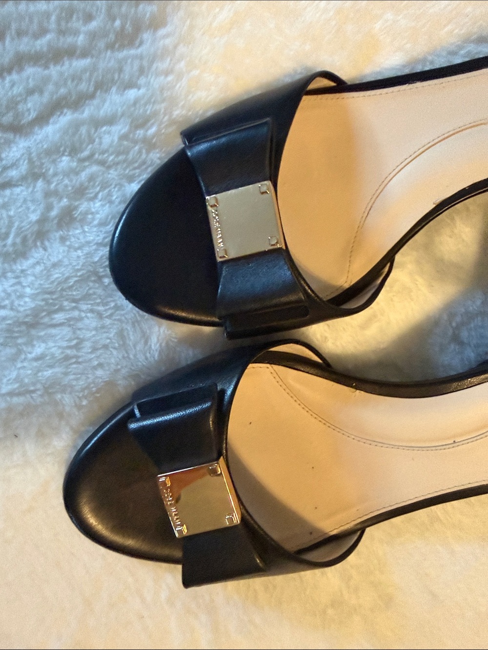 Cole Haan Black Leather Ankle-Strap Bow Heels with Gold Plaque - Picture 4 of 7